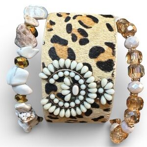 Elegant Leather Leopard and Beaded Bracelet Trio